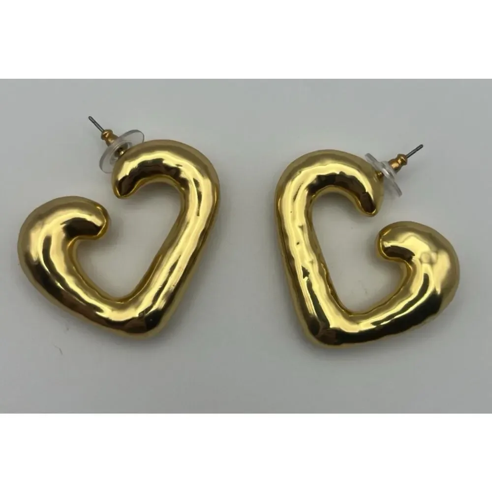 J Crew Heart Hoop Earrings in Shiny Matte Gold Puffy Statement